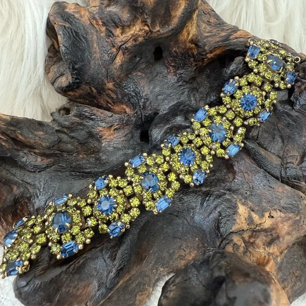Vintage Kramer of NY Wide Runway Bracelet Green Blue Rhinestone Cluster Gorgeous